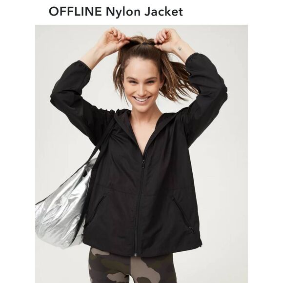Aerie Offline Black Nylon Poly Rain Jacket Windbreaker Classic Fit Sz L - Picture 1 of 12